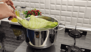 Cutting around the core of a white cabbage to remove leaves easily.