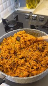 A final serving of the eggplant bulgur pilaf on a plate, ready to enjoy.