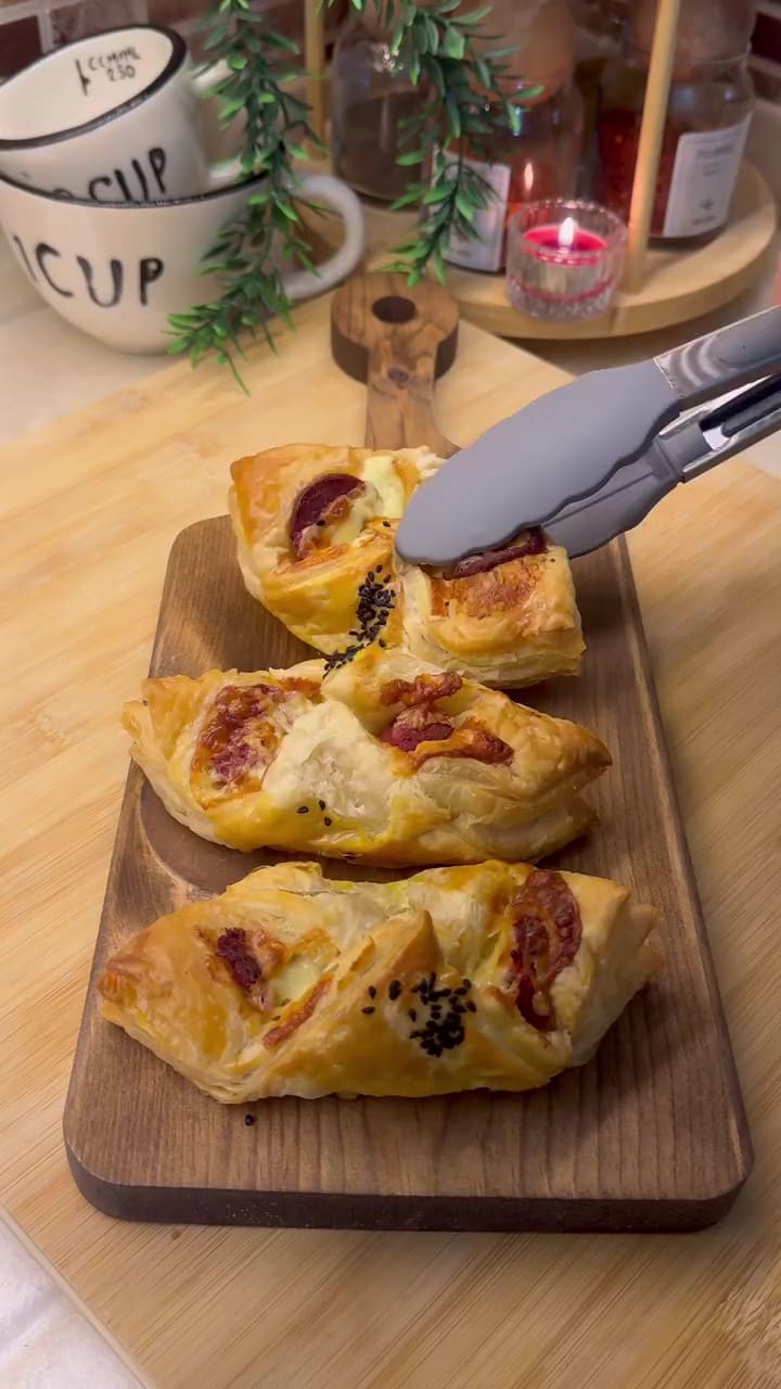 Golden brown crispy puff pastry bites filled with Turkish sucuk and melted cheese on a serving tray.
