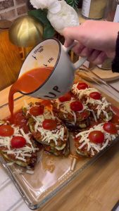 The final result: Golden-brown baked globe eggplant casserole with melted cheese.