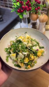 The final zesty Turkish egg salad mixed and ready to be served for breakfast.