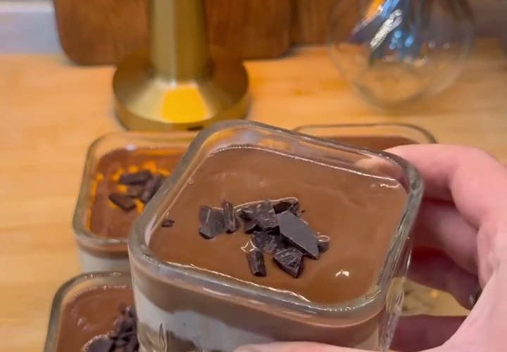 Creamy layered Turkish milk pudding cups with crumbled cake base and glossy chocolate ganache topping.