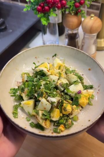 The final zesty Turkish egg salad mixed and ready to be served for breakfast.