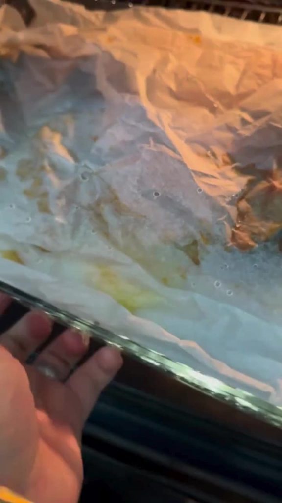Roasting bonito fish in a 200 degree oven.