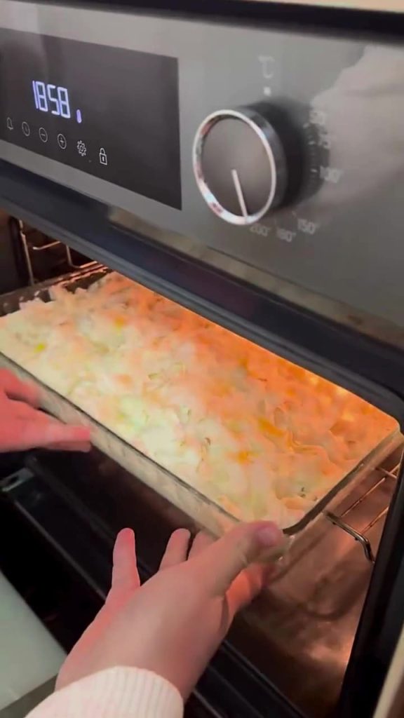Baking a Turkish mock water borek in a preheated oven.